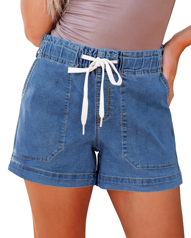 luvamia Jean Shorts for Women High Waisted Pull On Drawstring Elastic Waist Trendy Stretchy Denim Jorts Summer Shorts