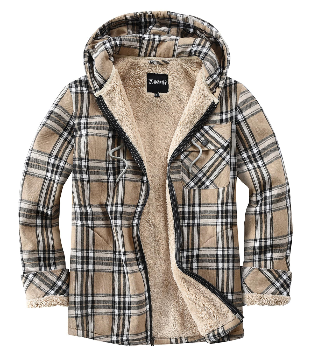Elesuit Men's Full Zip Fleece Flannel Jacket Shirt Plaid Cotton Hoodie Coat