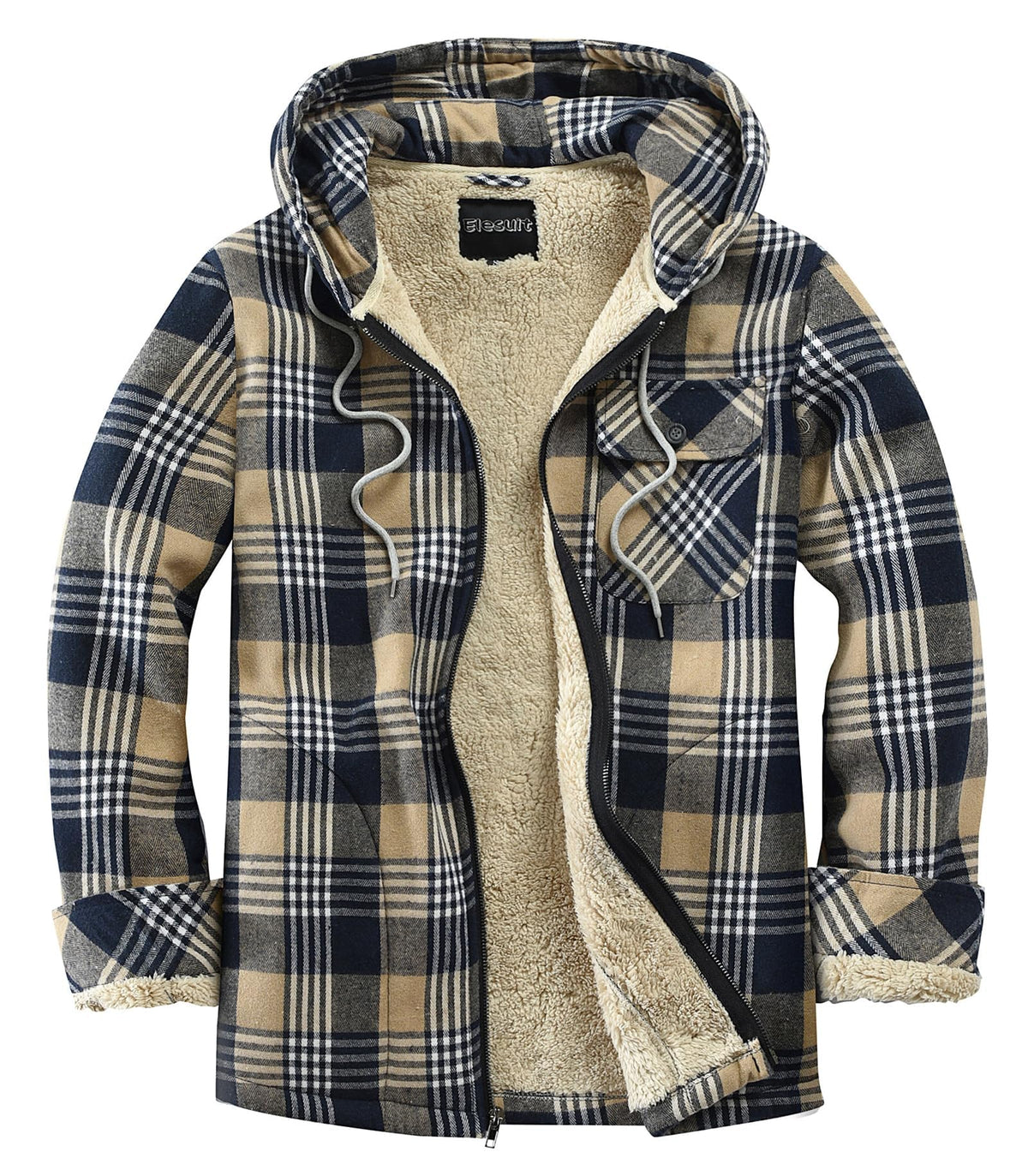 Elesuit Men's Full Zip Fleece Flannel Jacket Shirt Plaid Cotton Hoodie Coat