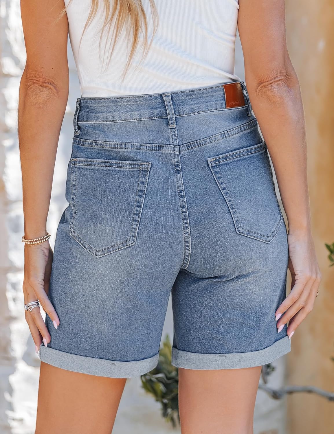 luvamia Jean Shorts for Women High Waisted Trendy Causal Summer Fold Hem Stretchy Long Denim Shorts 7 Inch Inseam