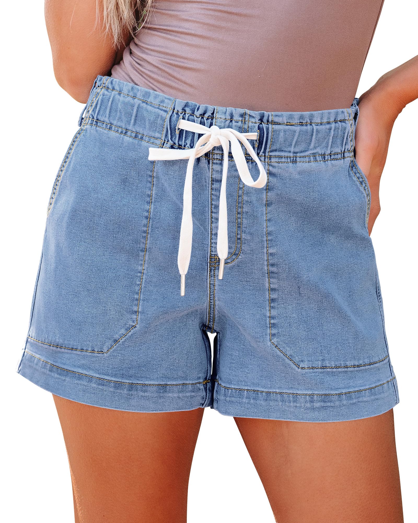 luvamia Jean Shorts for Women High Waisted Pull On Drawstring Elastic Waist Trendy Stretchy Denim Jorts Summer Shorts
