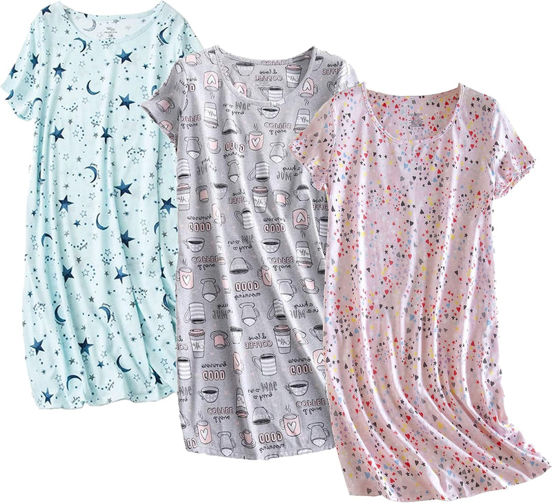 PNAEONG 3 Pack Women's Cotton Nightgown Sleepwear Short Sleeves Shirt Casual Print Sleepdress-2