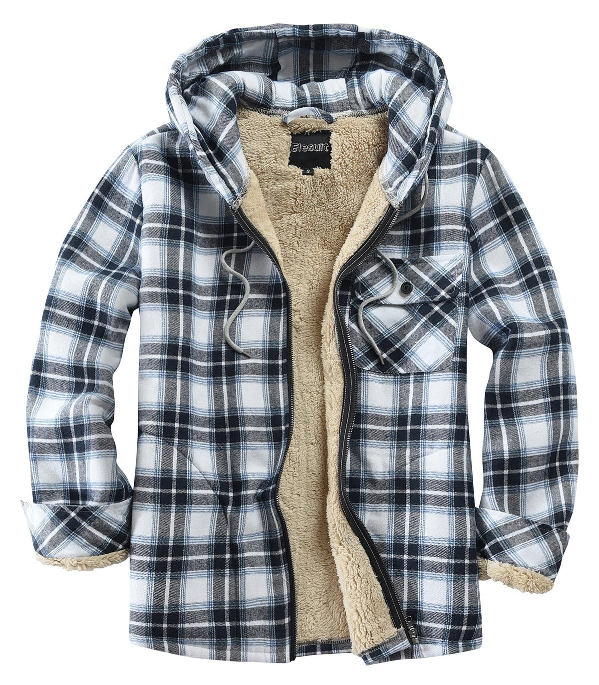 Elesuit Men's Full Zip Fleece Flannel Jacket Shirt Plaid Cotton Hoodie Coat
