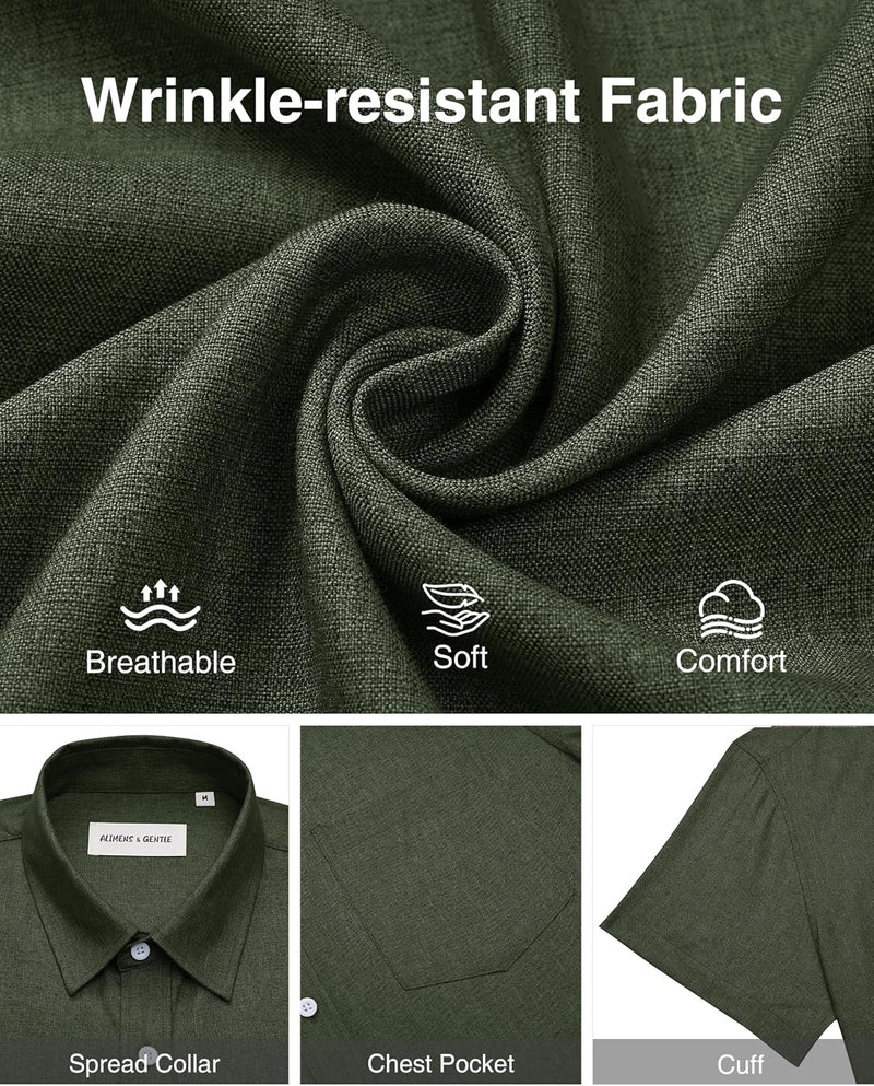 Alimens & Gentle Mens Linen Shirts Short Sleeve Button Down Shirts Wrinkle Free Casual Vacation Beach Summer Tops
