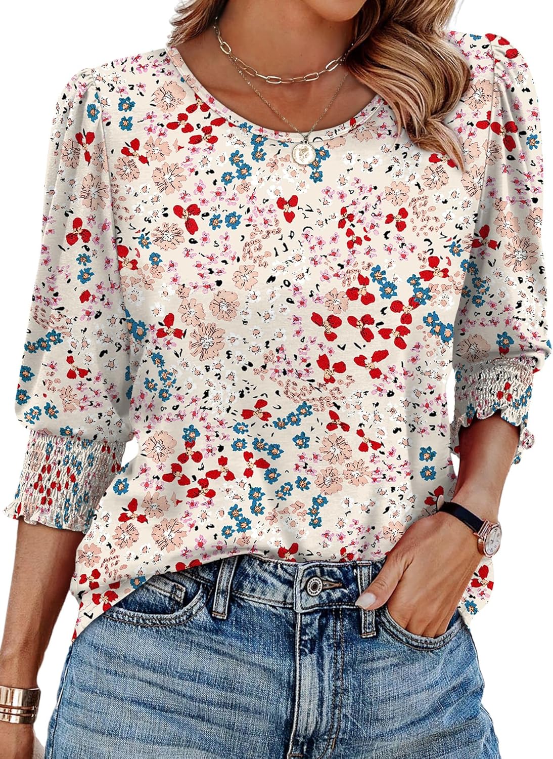 XIEERDUO Blouses for Women Dressy Casual 3/4 Length Sleeve Womens Tops with Smocked Cuffs-50