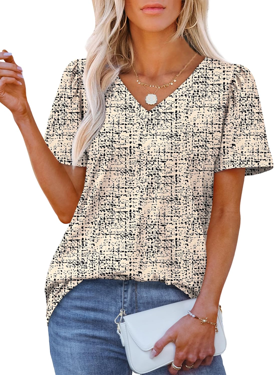 OFEEFAN T Shirts for Women V Neck Dressy Casual Blouses Puff Short Sleeve Summer Tops Loose Fit-15