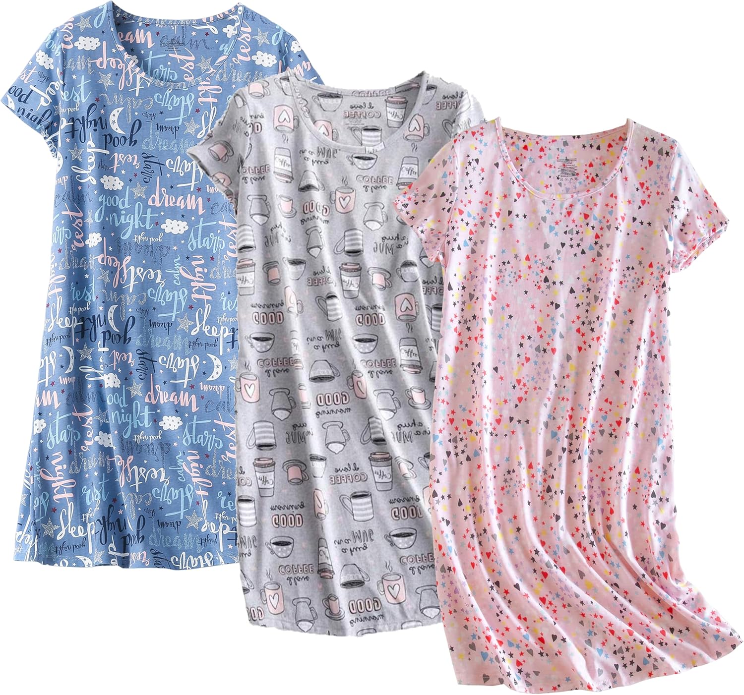 PNAEONG 3 Pack Women's Cotton Nightgown Sleepwear Short Sleeves Shirt Casual Print Sleepdress