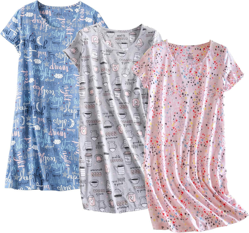 PNAEONG 3 Pack Women's Cotton Nightgown Sleepwear Short Sleeves Shirt Casual Print Sleepdress-64