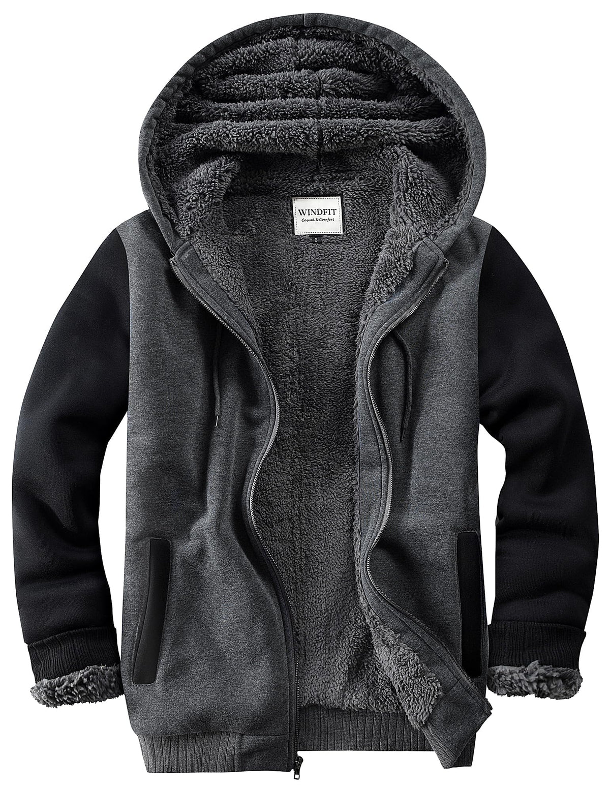 WINDFIT Men Sherpa Jacket Heavyweight Zip Hoodie Fleece Hooded