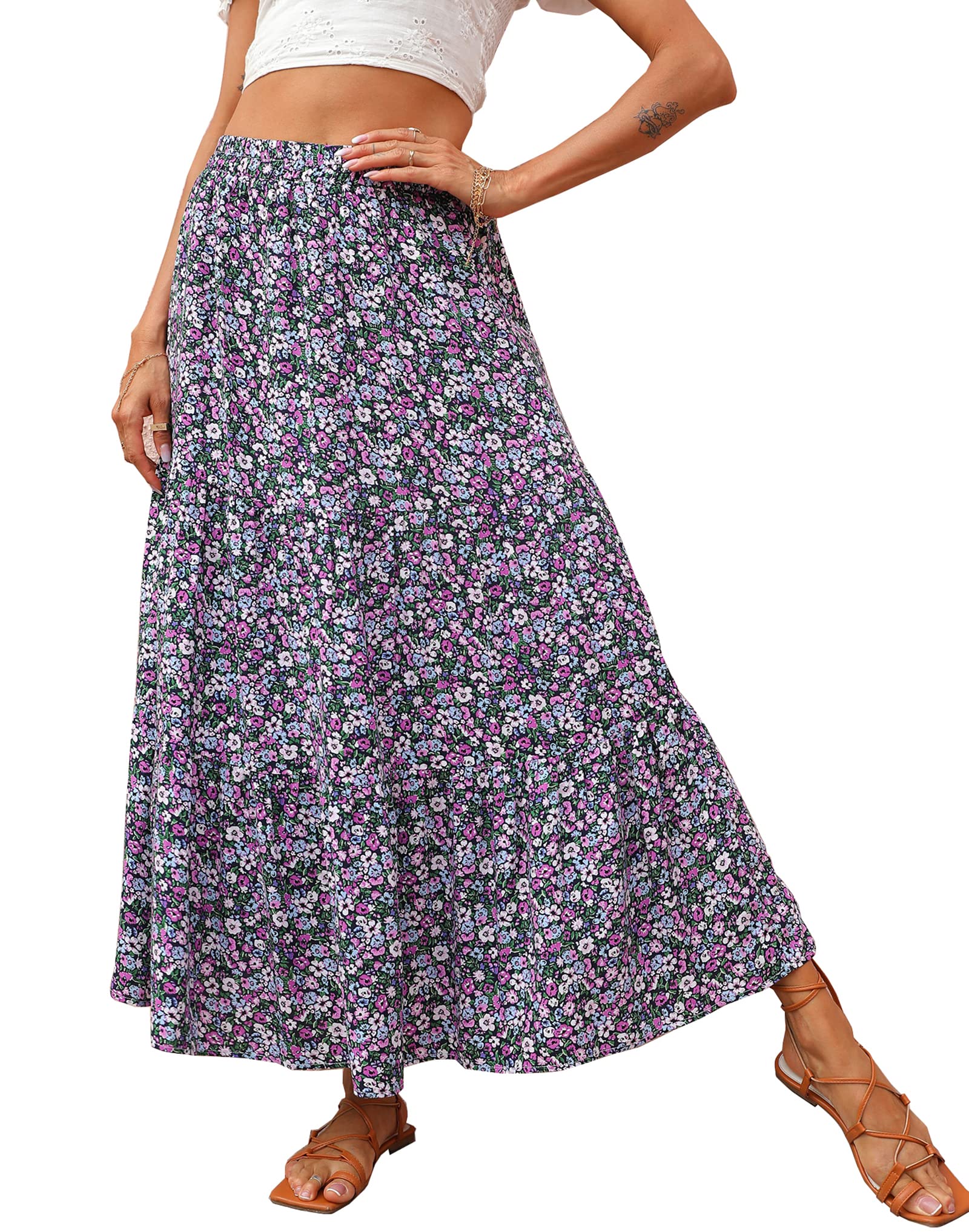 KIRUNDO Maxi Skirts for Women 2026 Summer Boho Floral High Waist Casual Flowy Long Skirt Beach Vacation Cruise Resort Wear