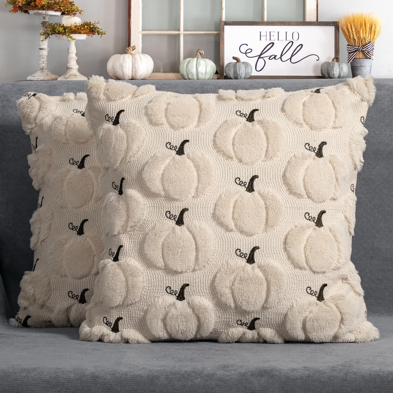 4TH Emotion Fall Pumpkins Leaves Decorative Pillow Covers 18"x18" Set of 2, Beige Soft Plush Faux Fur Throw Cushion Cases for Autumn Thanksgiving Holiday Home Decorations