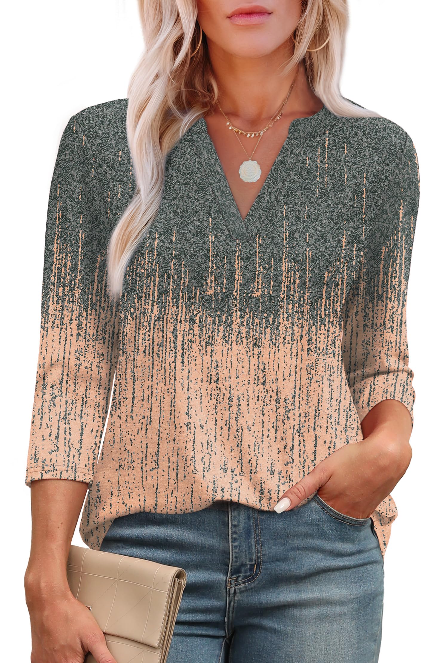 OFEEFAN 3/4 Length Sleeve Womens Tops V Neck Tunic Shirts Loose Curved Hem Blouses Dressy Casual S-3XL-74