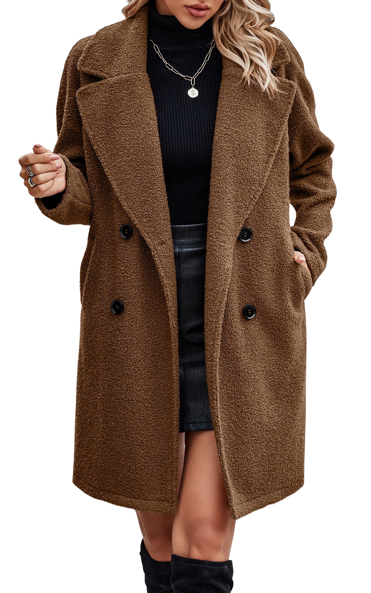 Angashion Women Long Sherpa Coat - Fuzzy Faux Fur Trench Jackets Winter Fleece Button Cardigan with Pockets-15