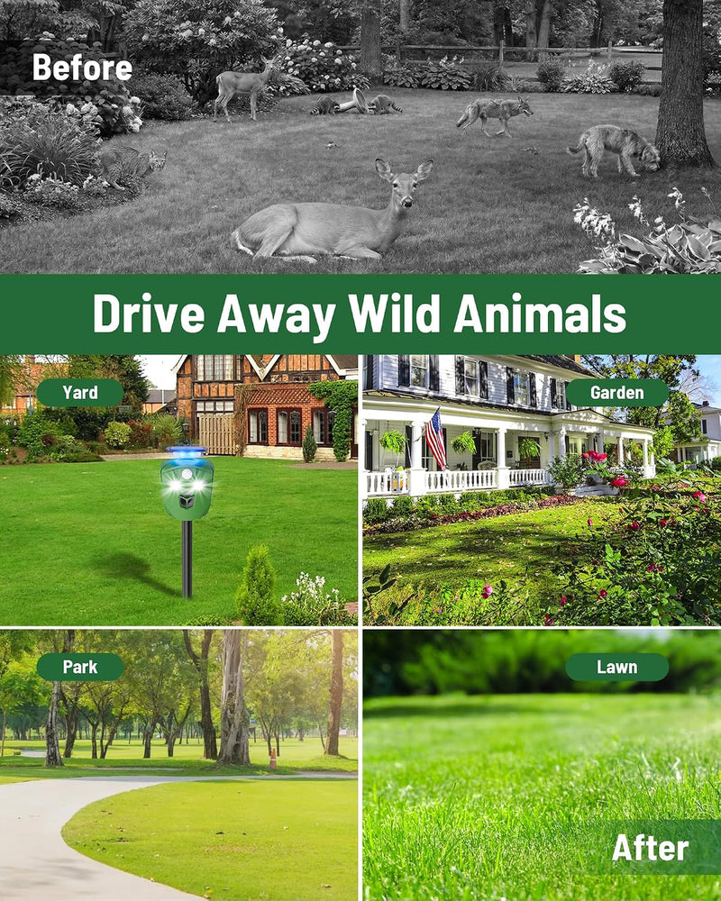 360° Solar Animal Repellent for Yard & Garden – No Blind Spot Motion Sensor to Keep Deer, Raccoons & Cats Away, Waterproof Ultrasonic & Flashing Light Outdoor Deer Repellent Device