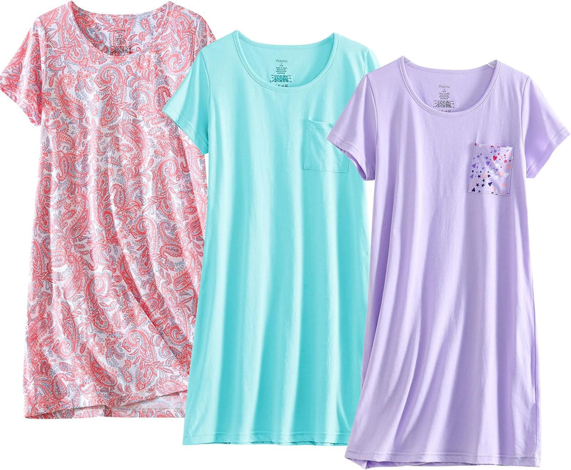 PNAEONG 3 Pack Women's Cotton Nightgown Sleepwear Short Sleeves Shirt Casual Print Sleepdress-49