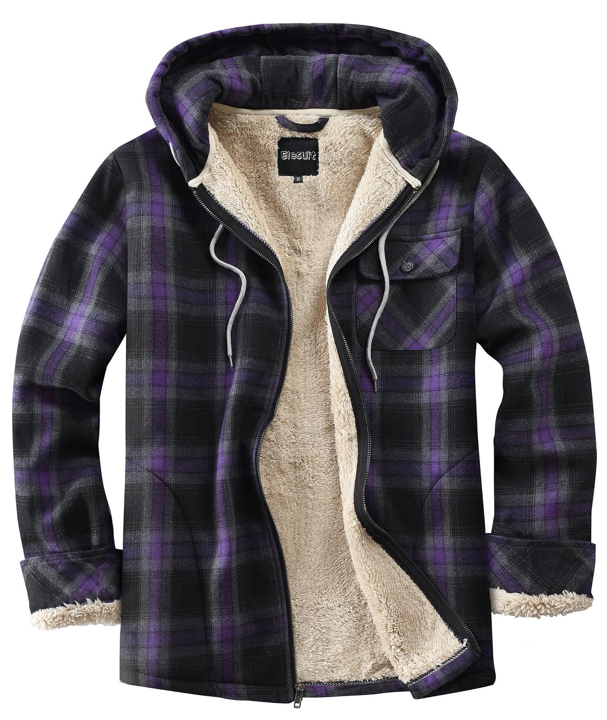 Elesuit Men's Full Zip Fleece Flannel Jacket Shirt Plaid Cotton Hoodie Coat