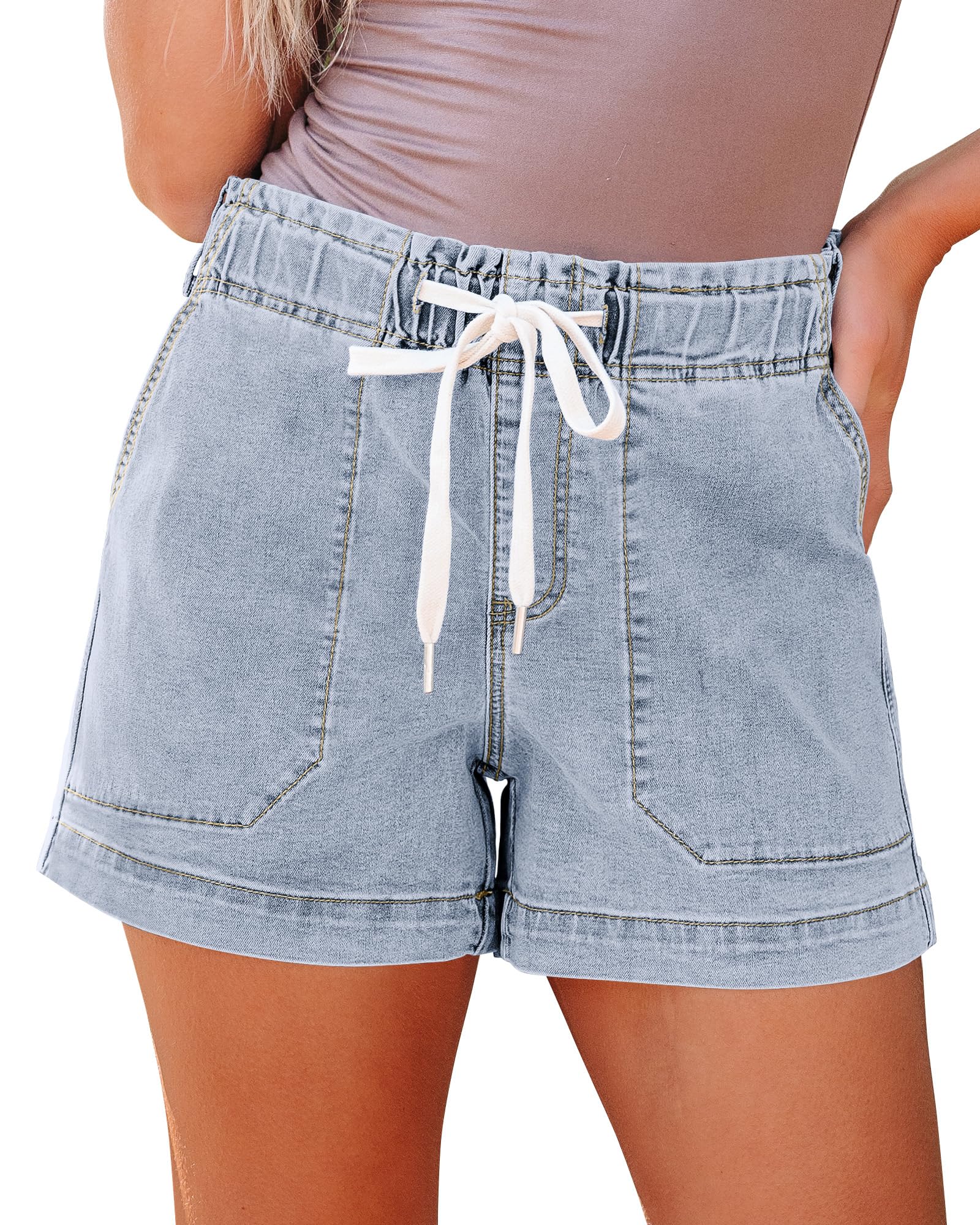luvamia Jean Shorts for Women High Waisted Pull On Drawstring Elastic Waist Trendy Stretchy Denim Jorts Summer Shorts