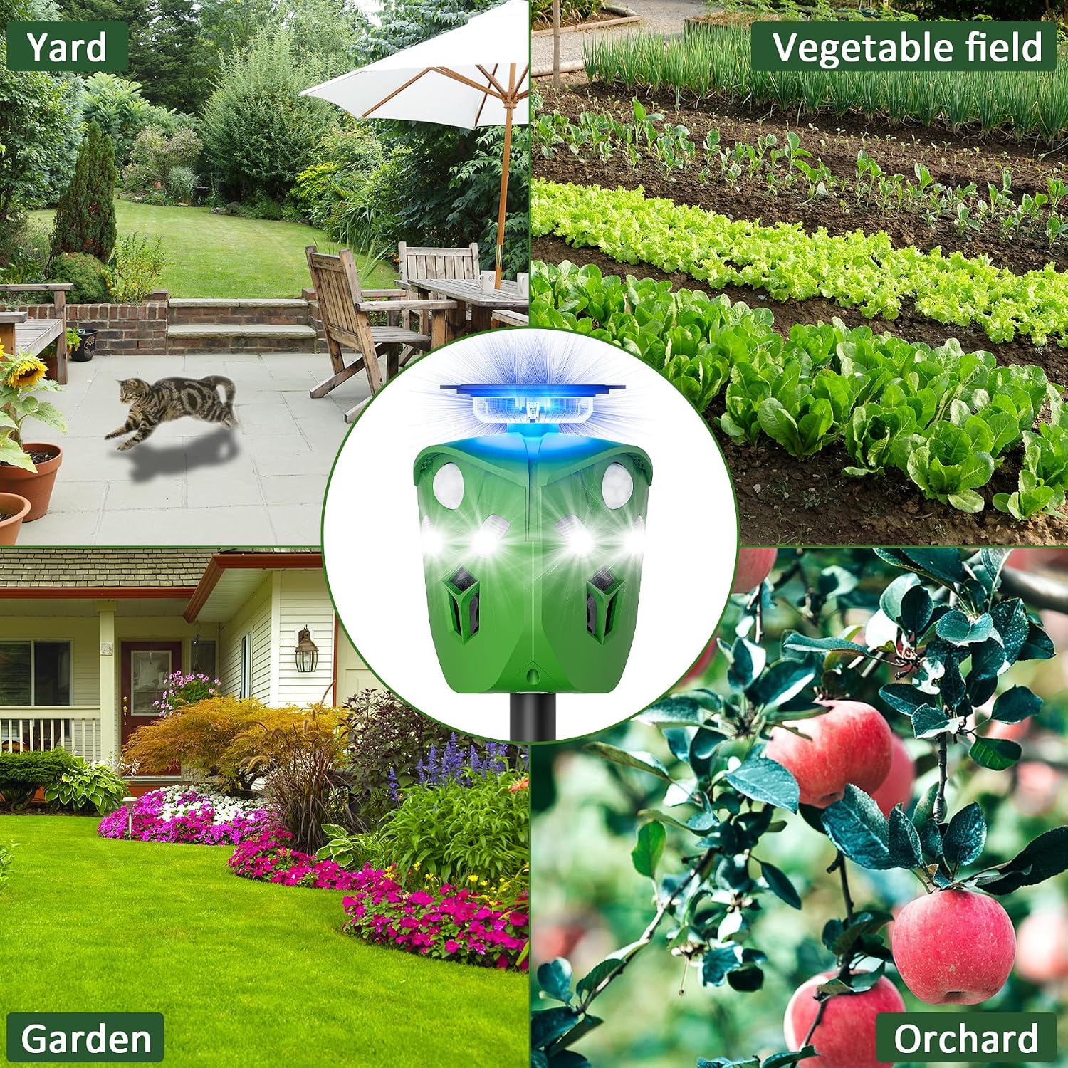 360° Solar Animal Repellent for Yard & Garden – No Blind Spot Motion Sensor to Keep Deer, Raccoons & Cats Away, Waterproof Ultrasonic & Flashing Light Outdoor Deer Repellent Device