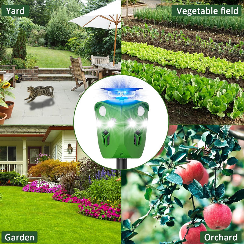 360° Solar Animal Repellent for Yard & Garden – No Blind Spot Motion Sensor to Keep Deer, Raccoons & Cats Away, Waterproof Ultrasonic & Flashing Light Outdoor Deer Repellent Device