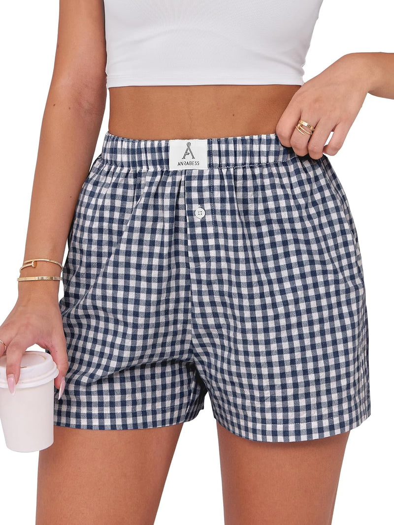 ANRABESS Boxer Shorts for Women Gingham Pajama 2026 Summer Casual Lounge Sleep Plaid Shorts Y2K Beach Bottoms-73