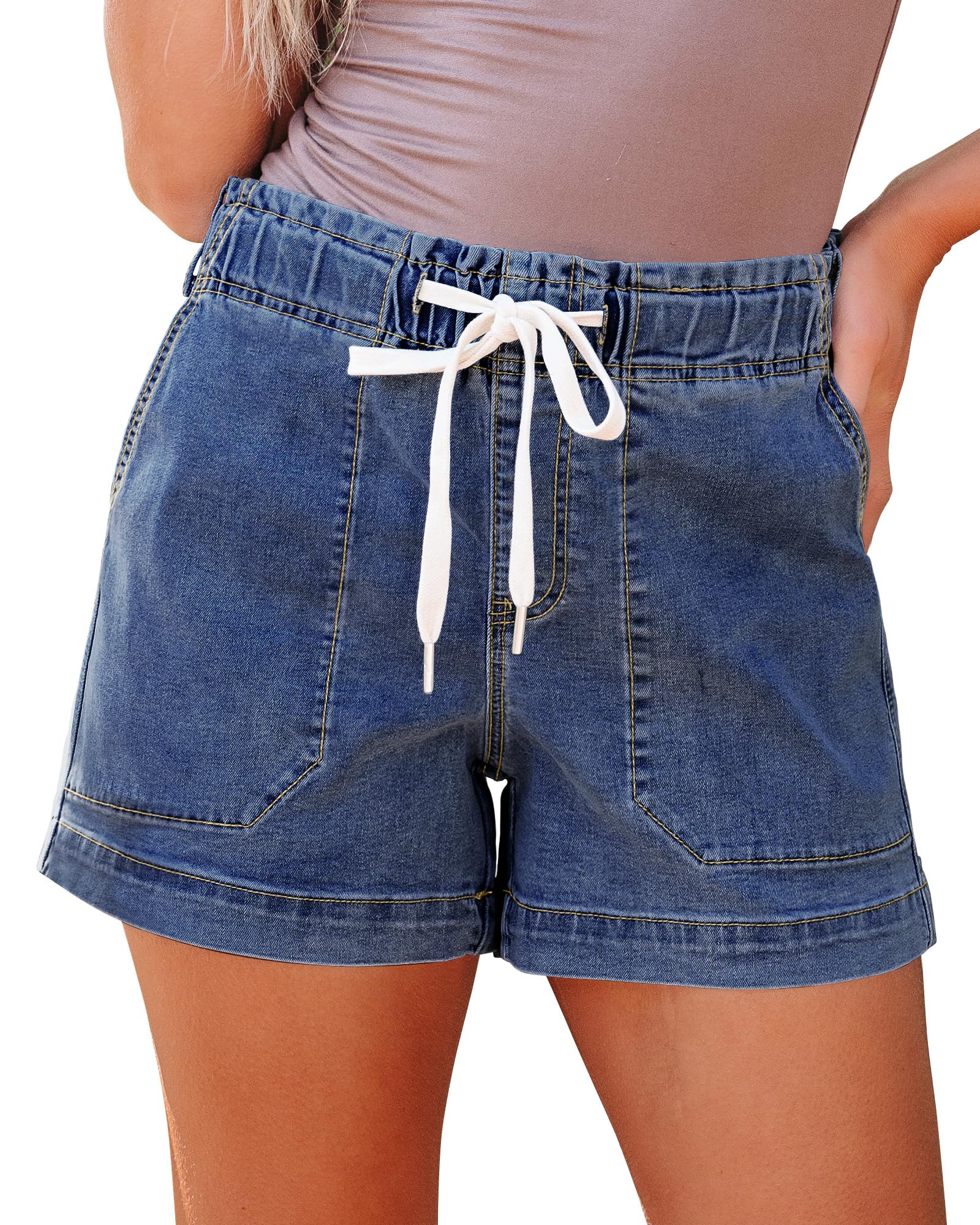 luvamia Jean Shorts for Women High Waisted Pull On Drawstring Elastic Waist Trendy Stretchy Denim Jorts Summer Shorts