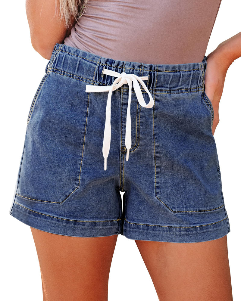 luvamia Jean Shorts for Women High Waisted Pull On Drawstring Elastic Waist Trendy Stretchy Denim Jorts Summer Shorts