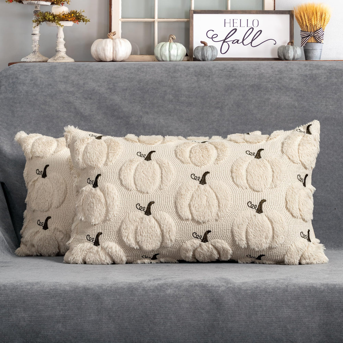 4TH Emotion Fall Pumpkins Leaves Decorative Pillow Covers 18"x18" Set of 2, Beige Soft Plush Faux Fur Throw Cushion Cases for Autumn Thanksgiving Holiday Home Decorations