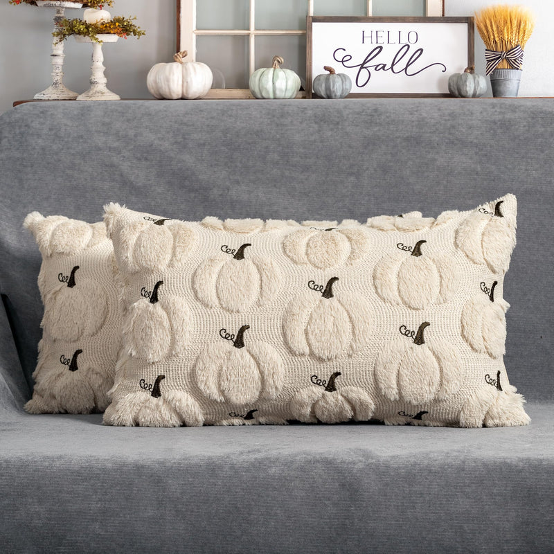 4TH Emotion Fall Pumpkins Leaves Decorative Pillow Covers 18"x18" Set of 2, Beige Soft Plush Faux Fur Throw Cushion Cases for Autumn Thanksgiving Holiday Home Decorations