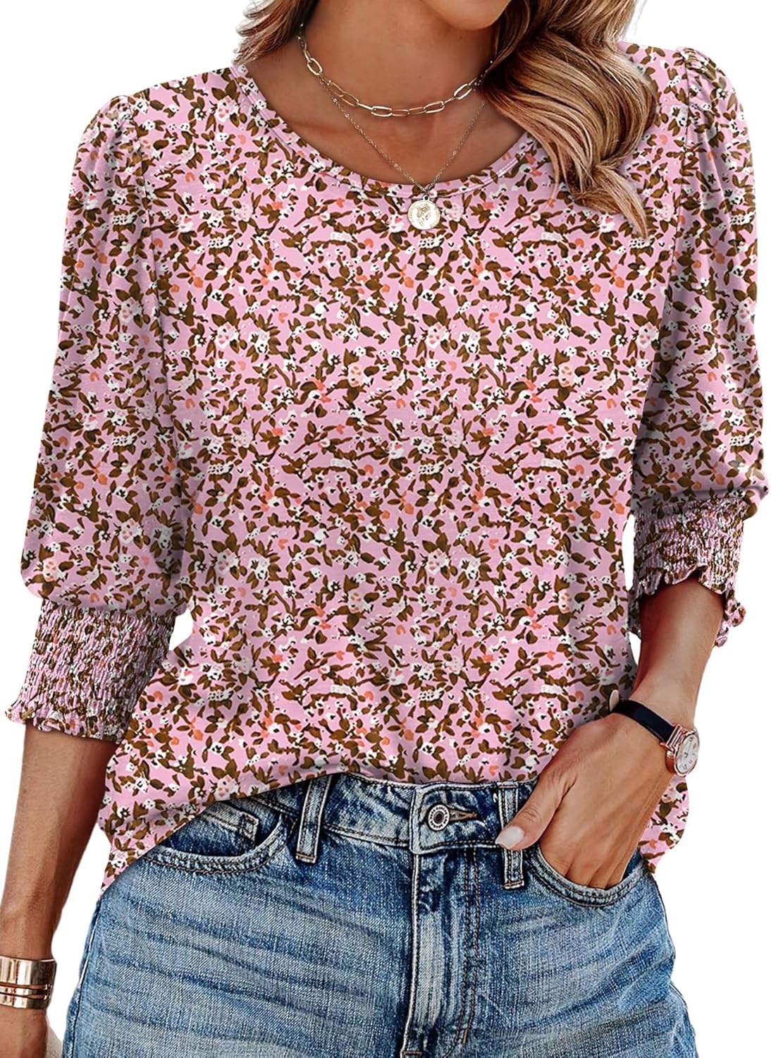 XIEERDUO Blouses for Women Dressy Casual 3/4 Length Sleeve Womens Tops with Smocked Cuffs-70