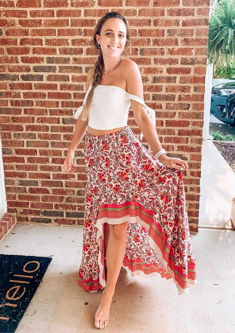BTFBM Women 2026 Spring Summer Long Skirts Dress Boho Floral Elastic Waist Split Ruffle High Low Beach Maxi Skirt Clothes