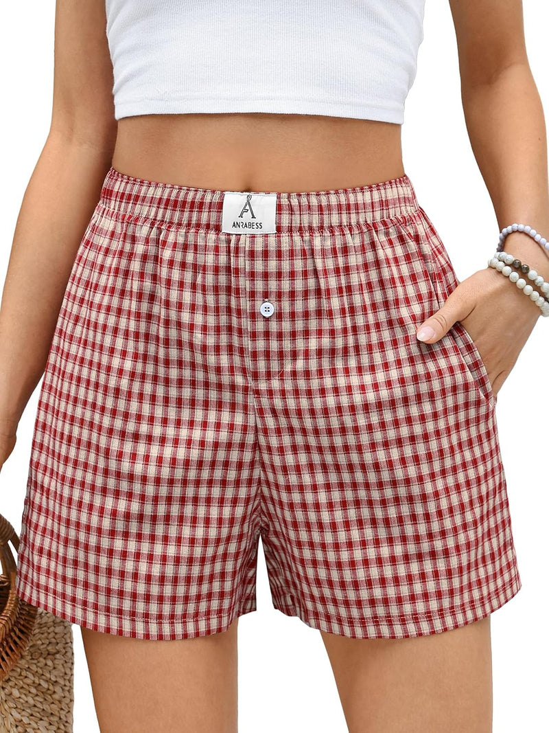 ANRABESS Boxer Shorts for Women Gingham Pajama 2026 Summer Casual Lounge Sleep Plaid Shorts Y2K Beach Bottoms-20