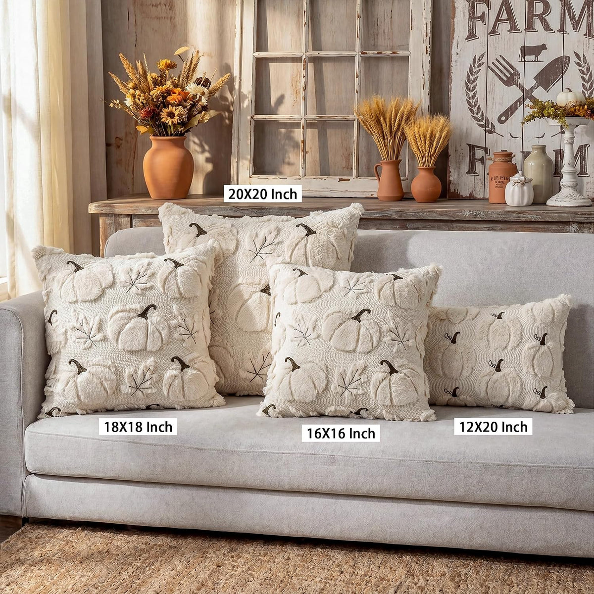 4TH Emotion Fall Pumpkins Leaves Decorative Pillow Covers 18"x18" Set of 2, Beige Soft Plush Faux Fur Throw Cushion Cases for Autumn Thanksgiving Holiday Home Decorations