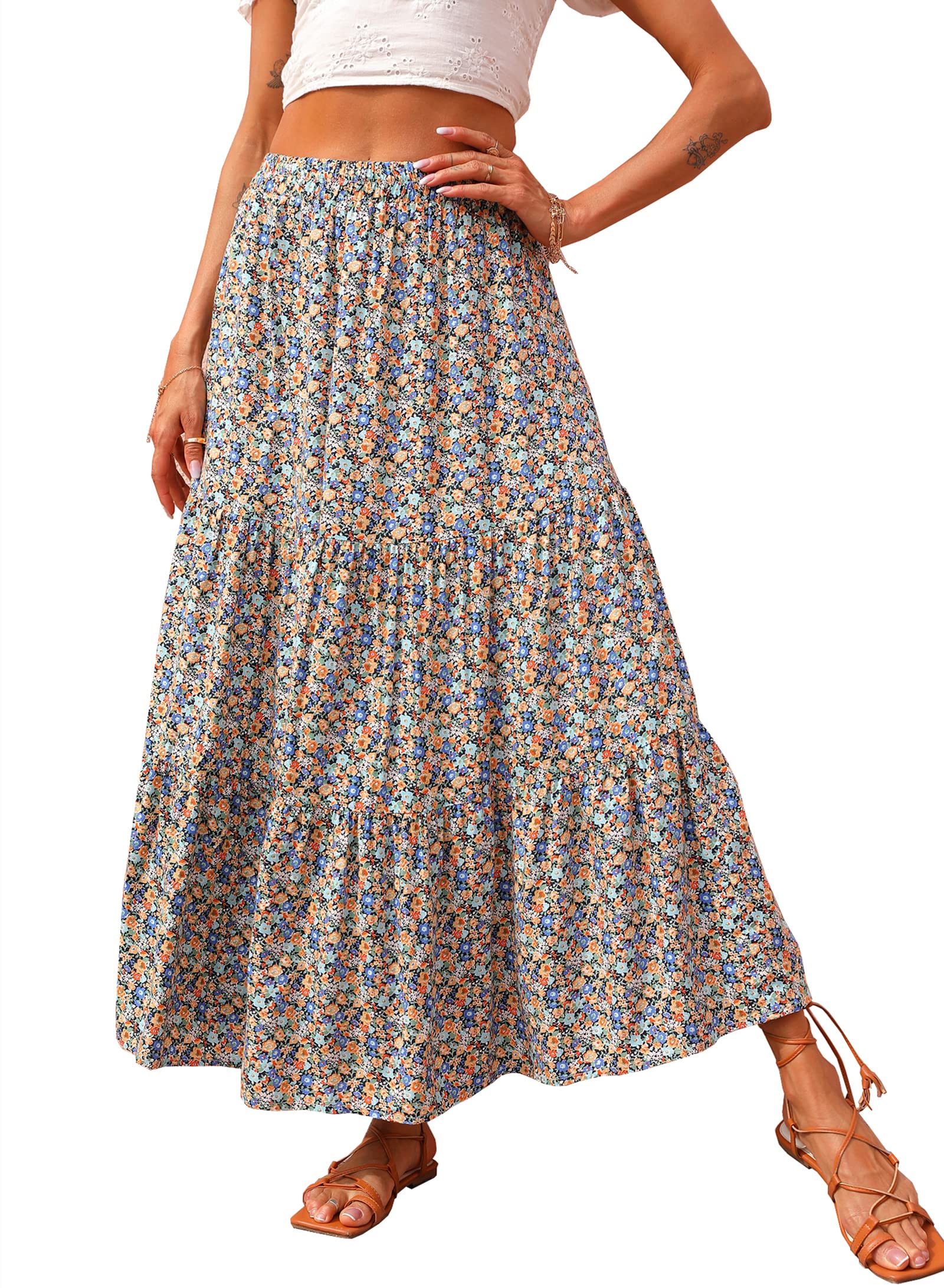 KIRUNDO Maxi Skirts for Women 2026 Summer Boho Floral High Waist Casual Flowy Long Skirt Beach Vacation Cruise Resort Wear