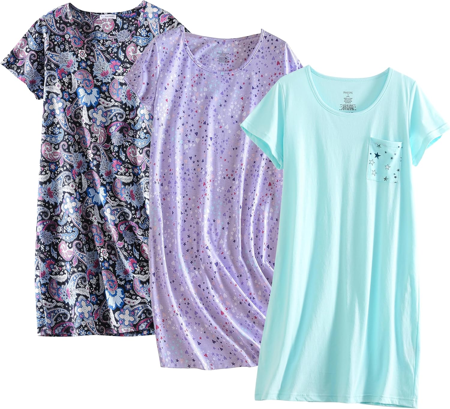 PNAEONG 3 Pack Women's Cotton Nightgown Sleepwear Short Sleeves Shirt Casual Print Sleepdress-13
