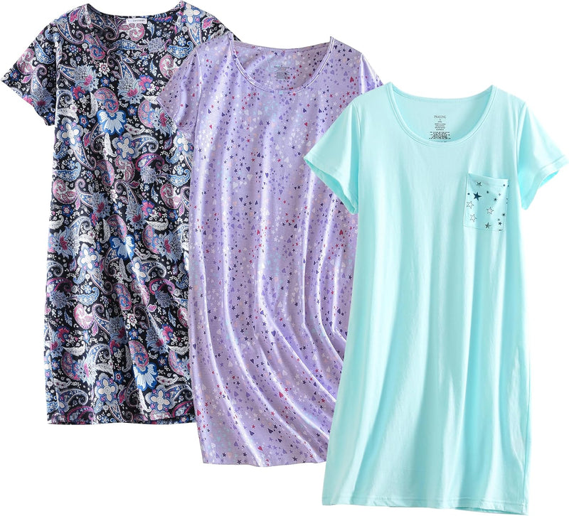 PNAEONG 3 Pack Women's Cotton Nightgown Sleepwear Short Sleeves Shirt Casual Print Sleepdress-32