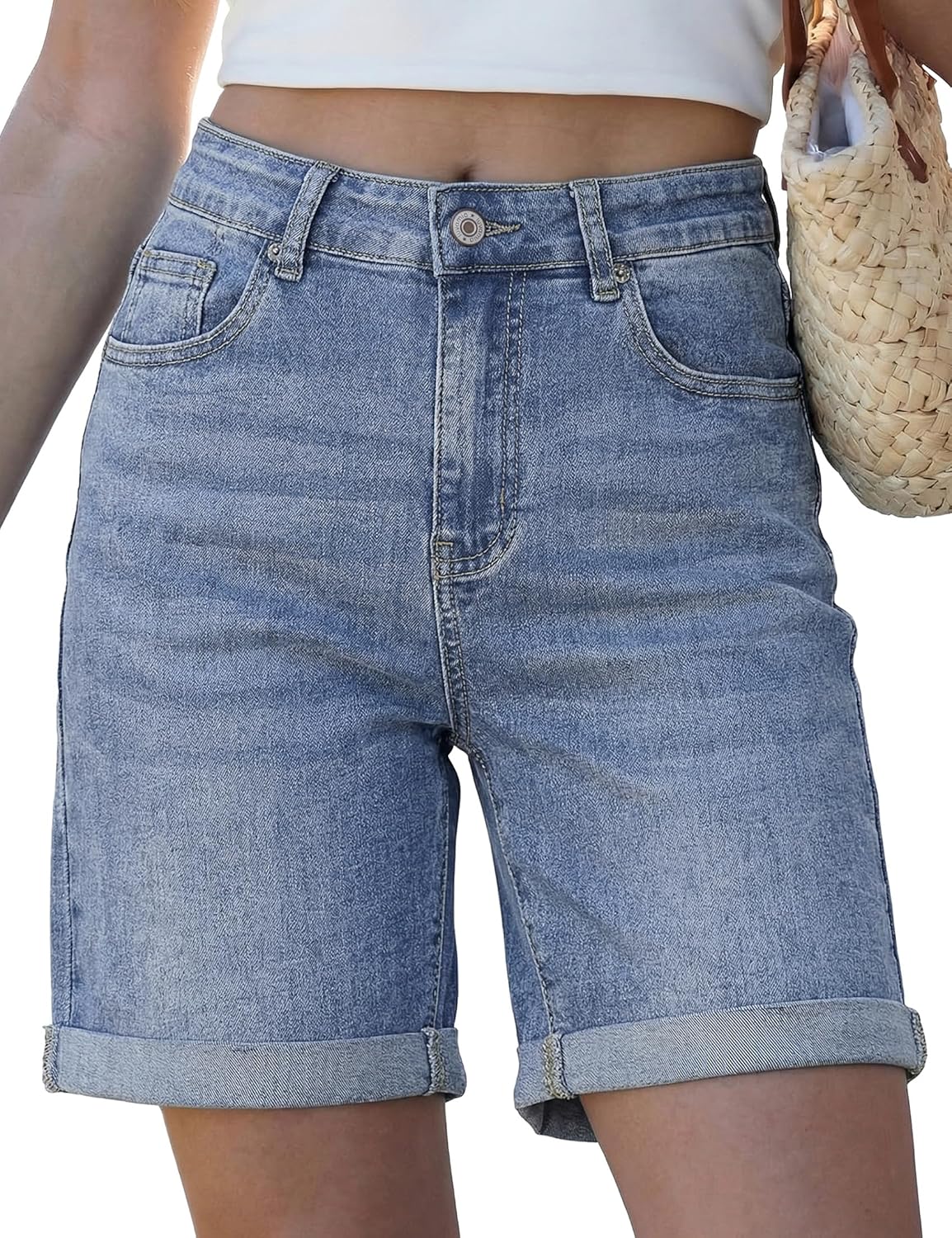 luvamia Jean Shorts for Women High Waisted Trendy Causal Summer Fold Hem Stretchy Long Denim Shorts 7 Inch Inseam