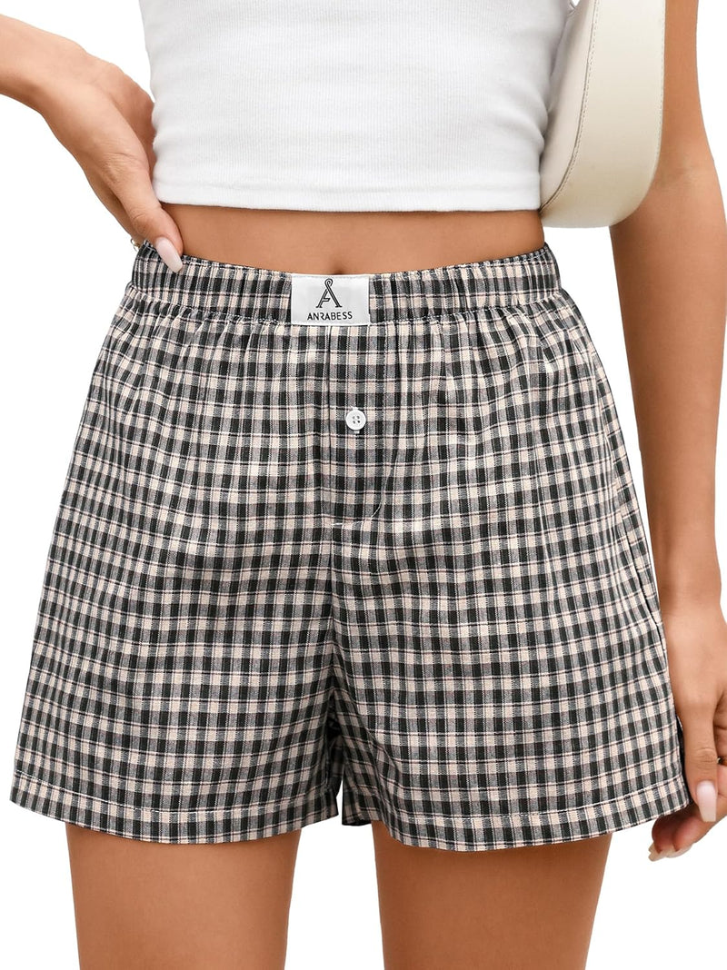 ANRABESS Boxer Shorts for Women Gingham Pajama 2026 Summer Casual Lounge Sleep Plaid Shorts Y2K Beach Bottoms-29