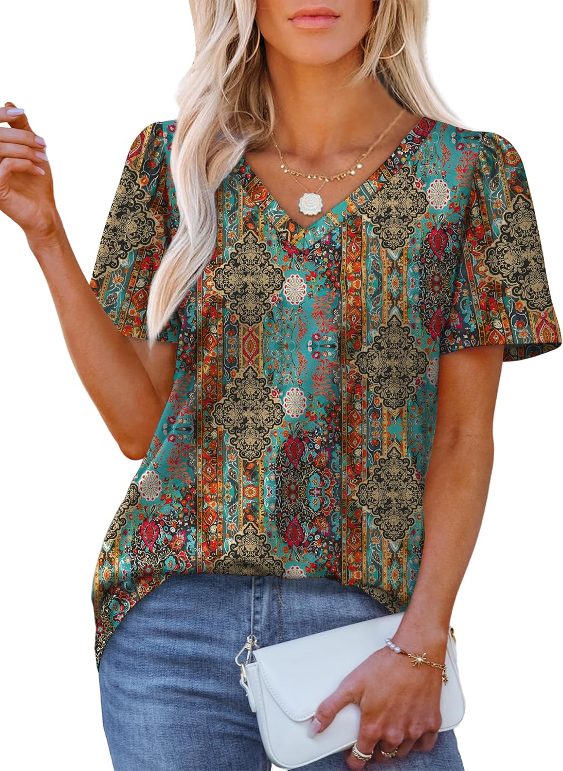 OFEEFAN T Shirts for Women V Neck Dressy Casual Blouses Puff Short Sleeve Summer Tops Loose Fit-99