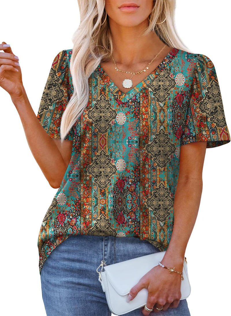 OFEEFAN T Shirts for Women V Neck Dressy Casual Blouses Puff Short Sleeve Summer Tops Loose Fit-99