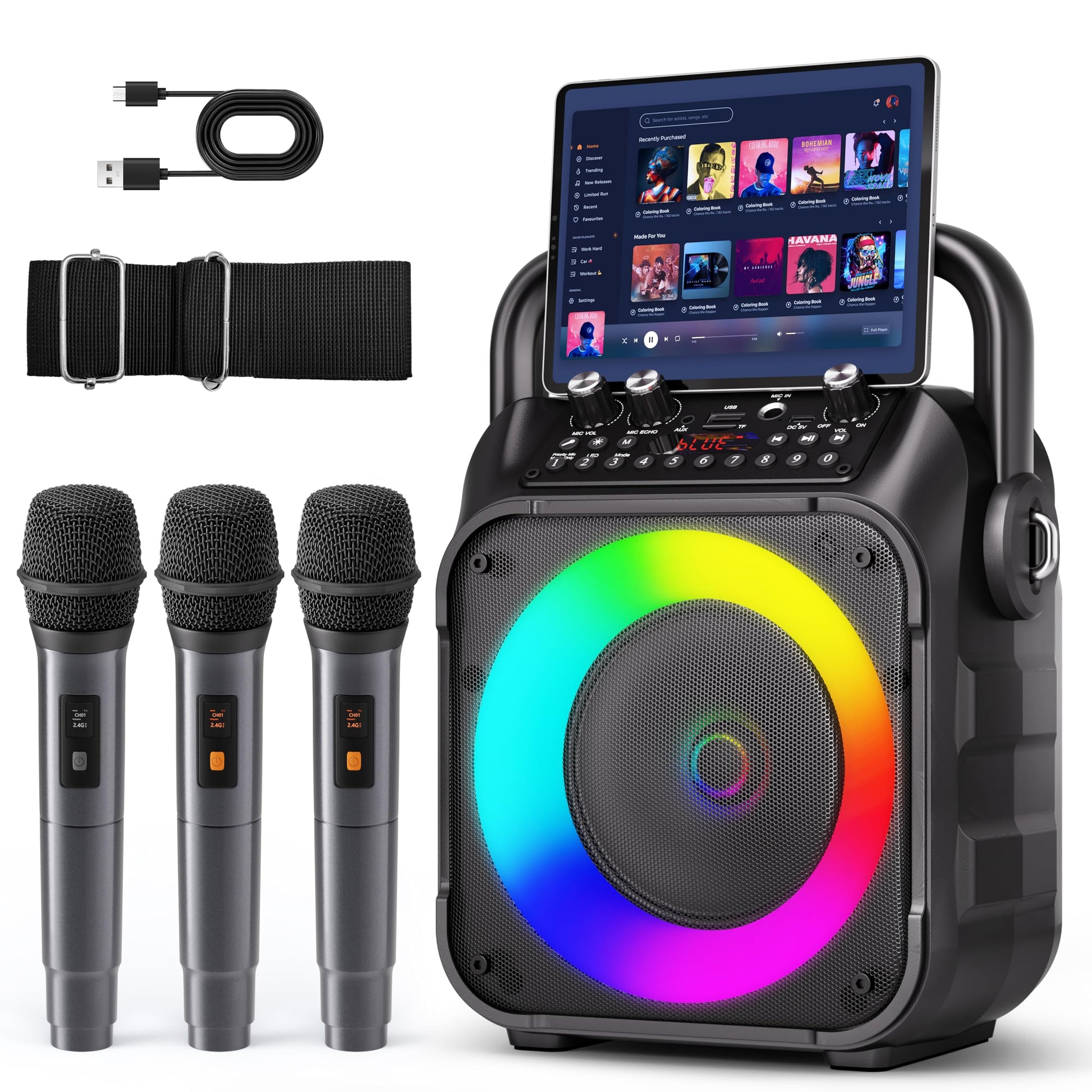 Karaoke Machine, Portable Bluetooth Speaker with 2 Wireless Microphones for Adults & Kids with Lights, Karaoke Microphone with PA System Supports USB/TF/REC/FM/AUX for Home Party Home System Packages