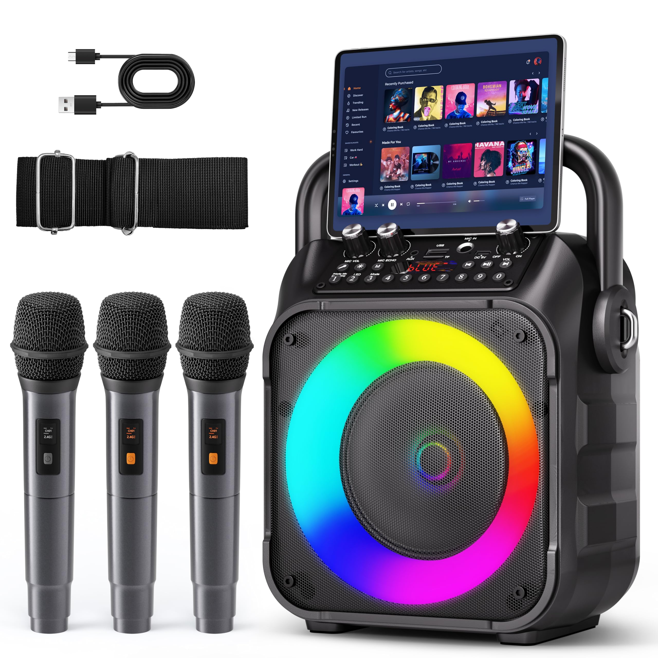 Karaoke Machine, Portable Bluetooth Speaker with 2 Wireless Microphones for Adults & Kids with Lights, Karaoke Microphone with PA System Supports USB/TF/REC/FM/AUX for Home Party Home System Packages