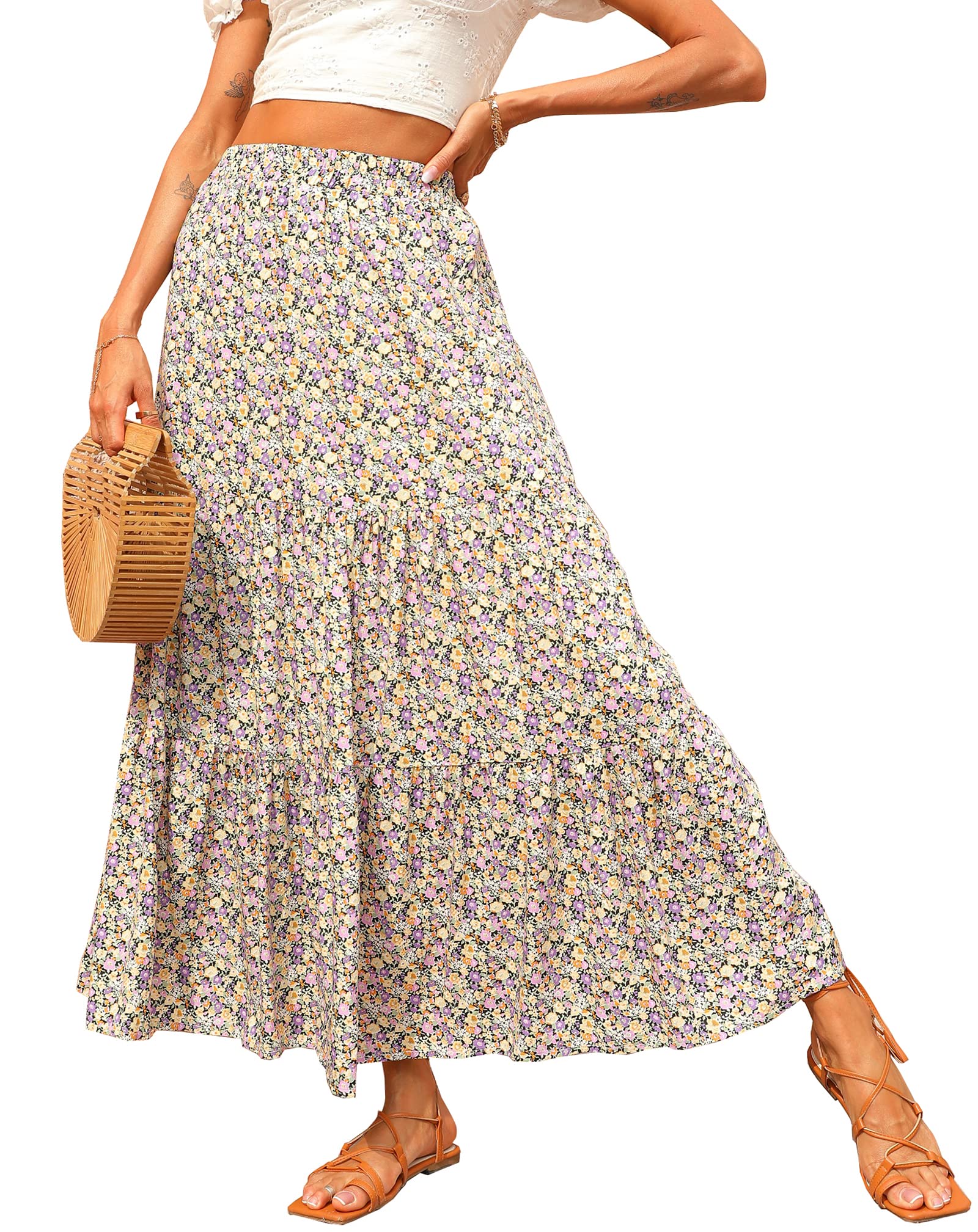 KIRUNDO Maxi Skirts for Women 2026 Summer Boho Floral High Waist Casual Flowy Long Skirt Beach Vacation Cruise Resort Wear