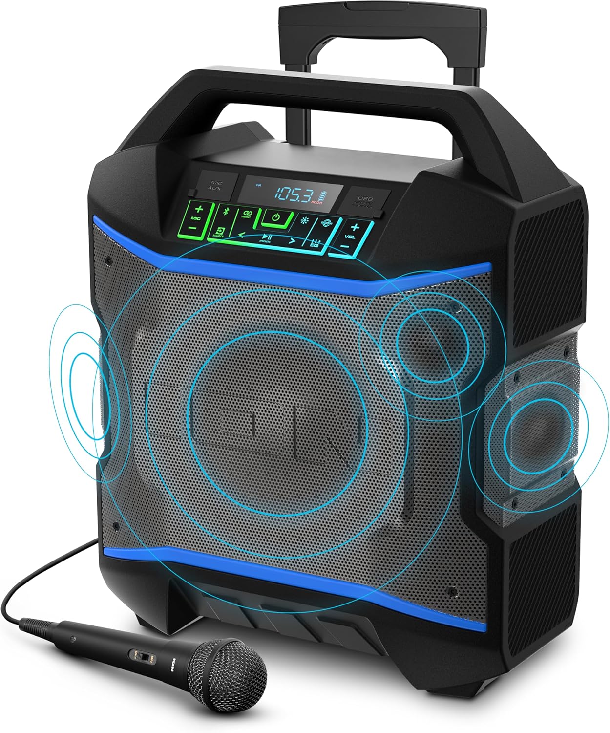 ION Block Rocker - Portable Bluetooth Outdoor Party Speaker with Karaoke Microphone, Battery, 4 Speakers, Radio, USB Port, App, Water-Resistant, 120W