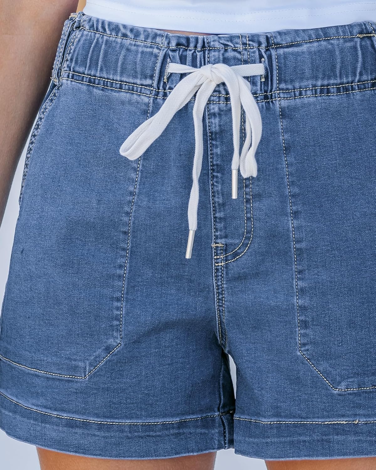 luvamia Jean Shorts for Women High Waisted Pull On Drawstring Elastic Waist Trendy Stretchy Denim Jorts Summer Shorts