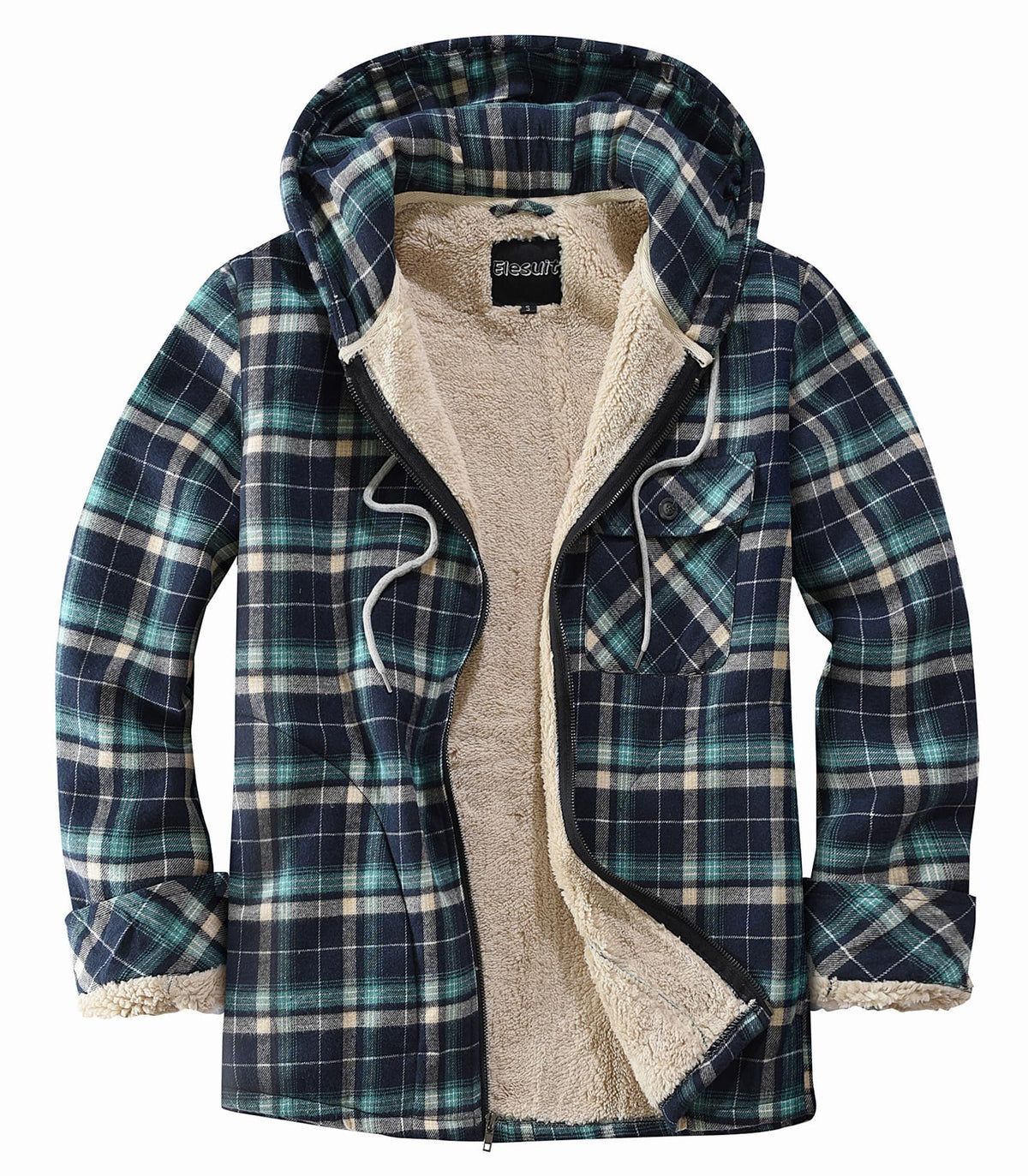 Elesuit Men's Full Zip Fleece Flannel Jacket Shirt Plaid Cotton Hoodie Coat
