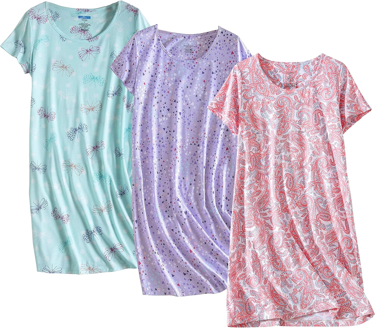 PNAEONG 3 Pack Women's Cotton Nightgown Sleepwear Short Sleeves Shirt Casual Print Sleepdress-9