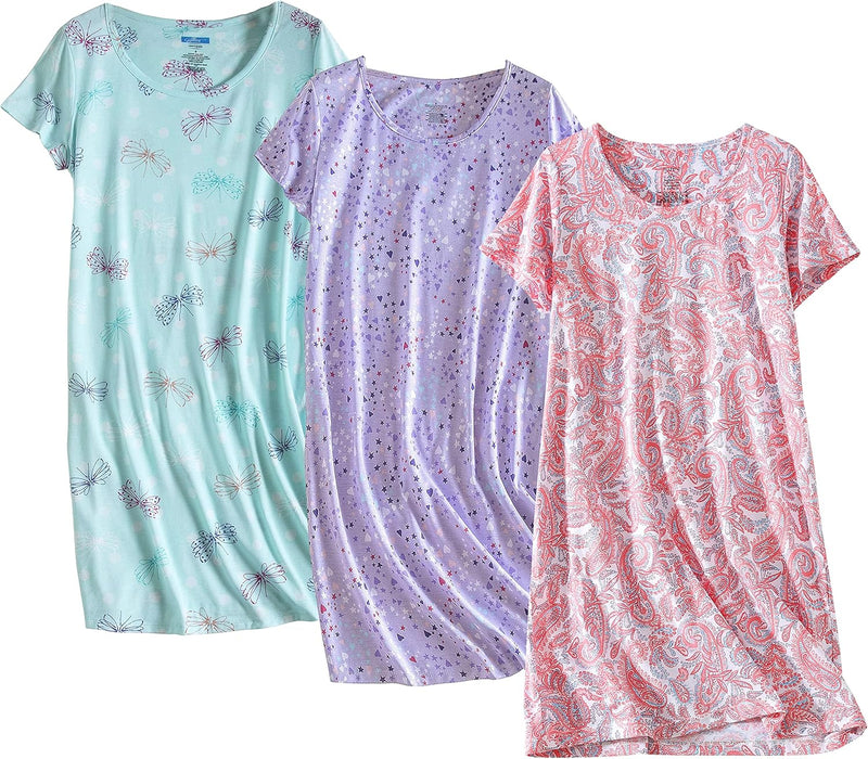 PNAEONG 3 Pack Women's Cotton Nightgown Sleepwear Short Sleeves Shirt Casual Print Sleepdress-23