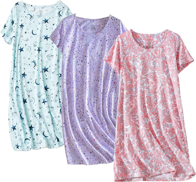 PNAEONG 3 Pack Women's Cotton Nightgown Sleepwear Short Sleeves Shirt Casual Print Sleepdress-66