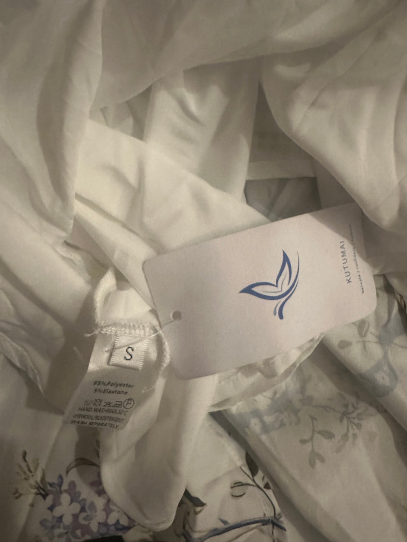 KUTUMAI Women's Lace Up Floral Corset Midi Dress, White Lilac Floral, S-2