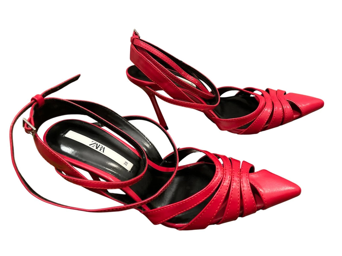 Zara Women Strappy Lace Up Pointed Toe High Heels, RED, 38